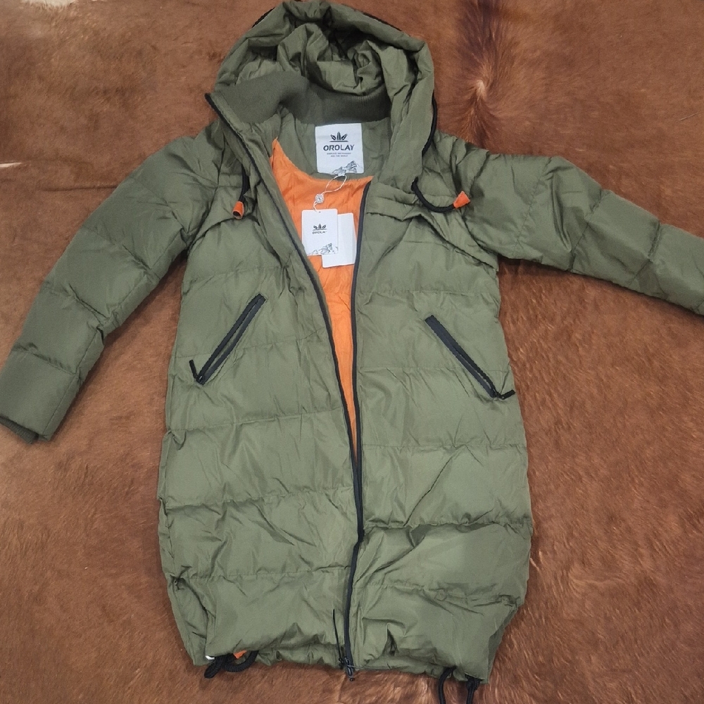 OROLAY Olive Green Puffer Jacket with Orange Lining